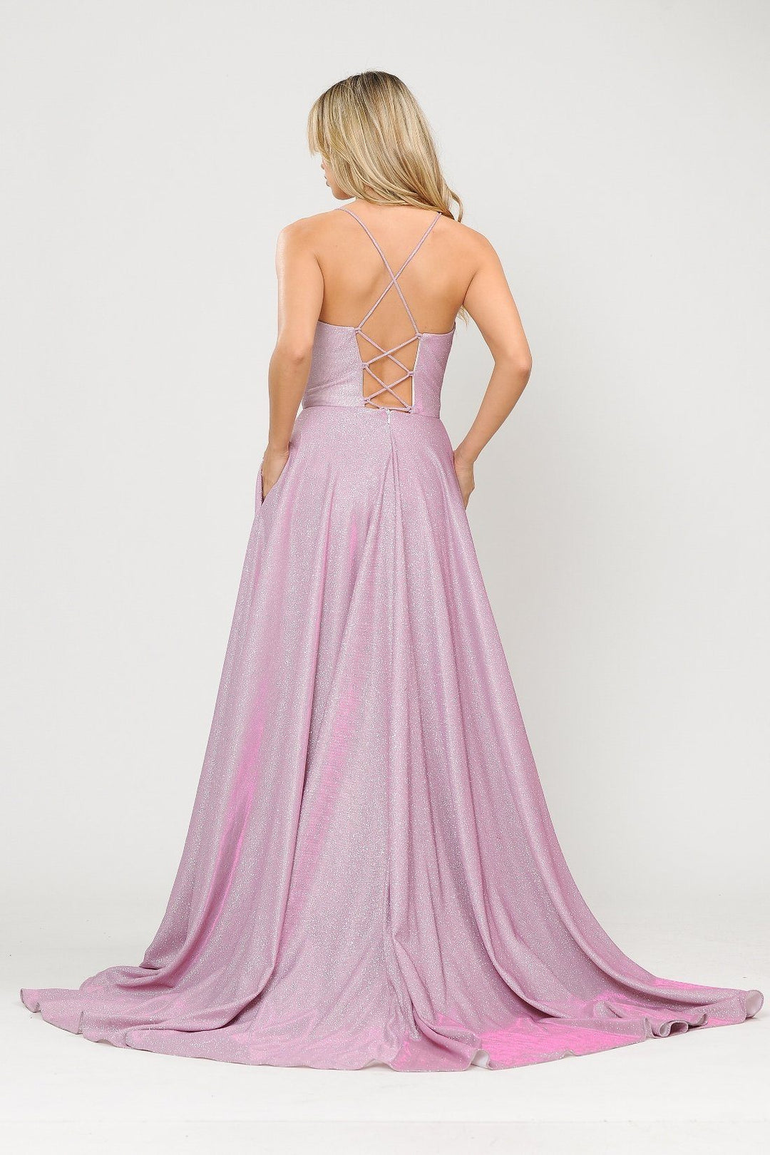 Long Metallic Glitter V-Neck Dress with Slit by Poly USA 8692