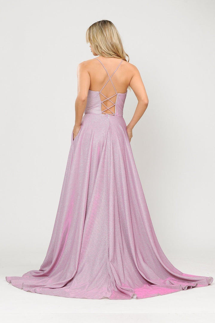 Long Metallic Glitter V-Neck Dress with Slit by Poly USA 8692
