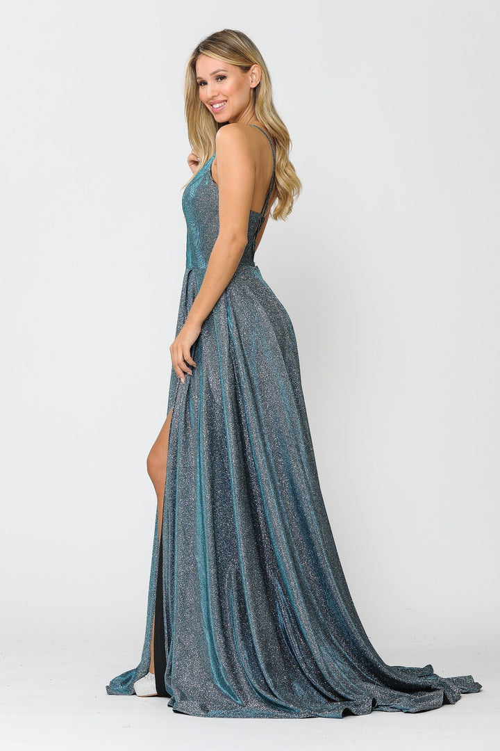 Long Metallic Glitter V-Neck Dress with Slit by Poly USA 8692