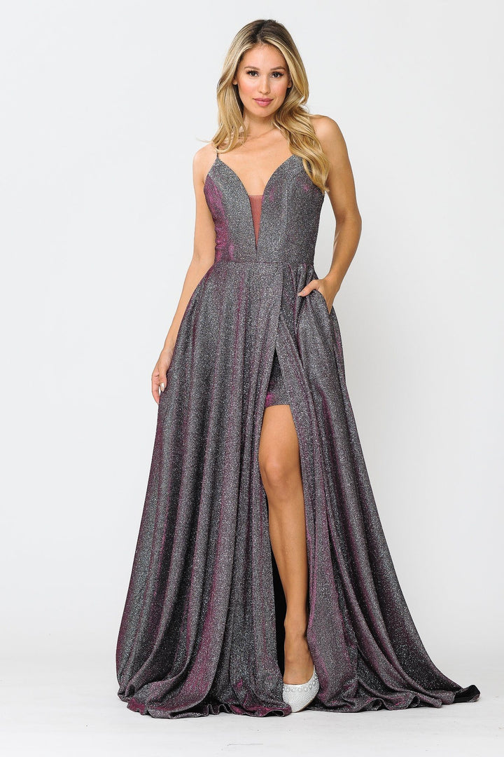 Long Metallic Glitter V-Neck Dress with Slit by Poly USA 8692