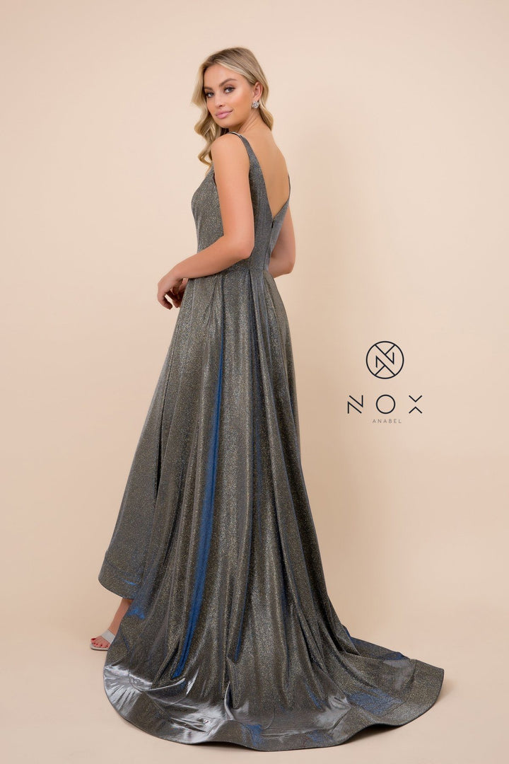 Long Metallic Satin V-Neck Ballgown-Style Dress by Nox Anabel R274