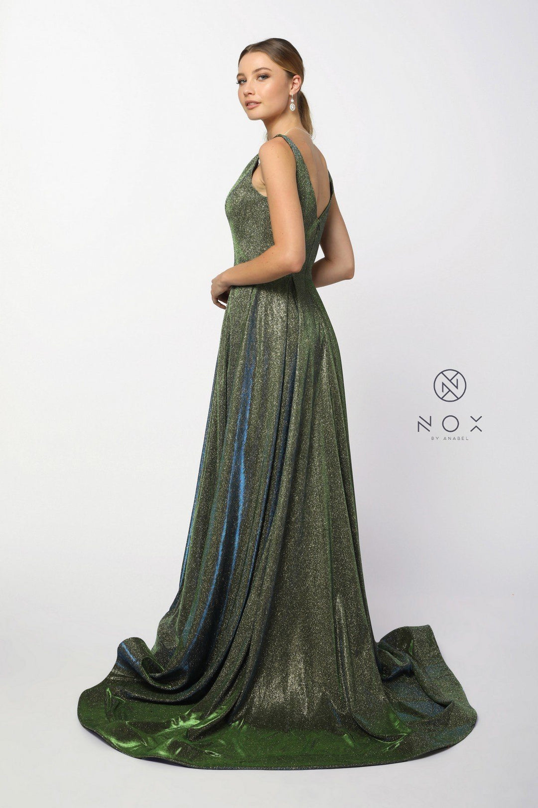 Long Metallic Satin V-Neck Ballgown-Style Dress by Nox Anabel R274-Long Formal Dresses-ABC Fashion