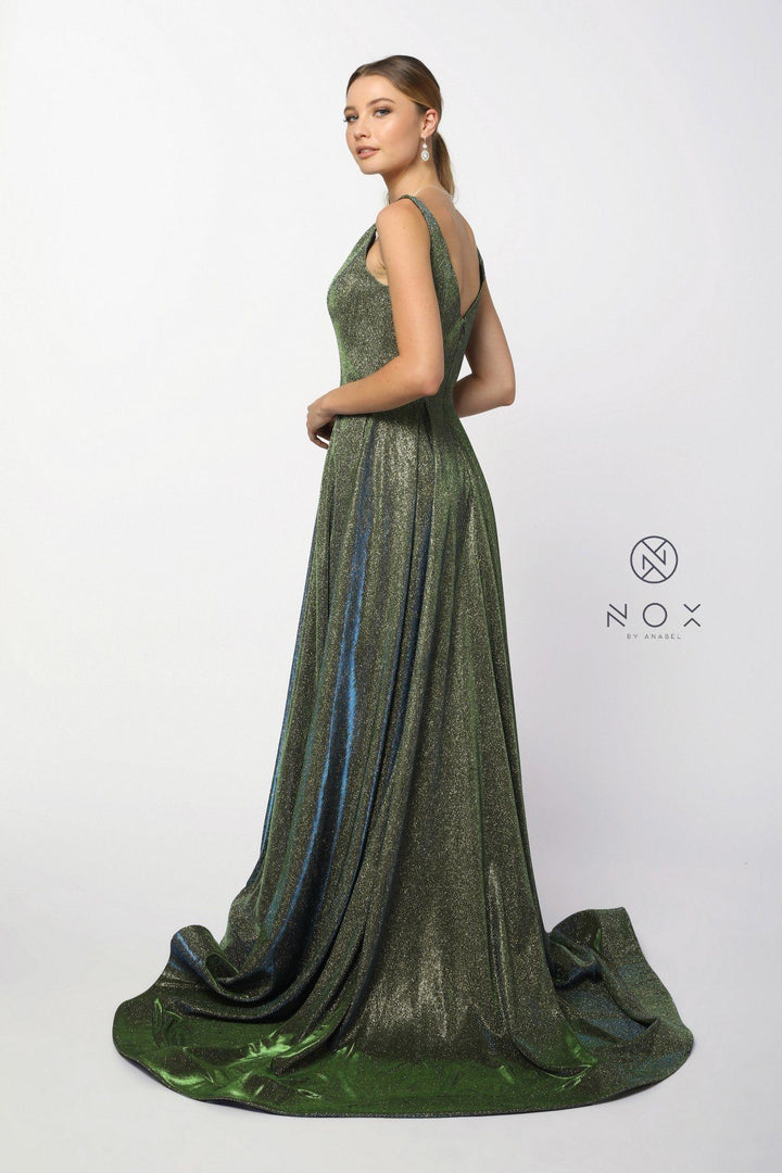 Long Metallic Satin V-Neck Ballgown-Style Dress by Nox Anabel R274-Long Formal Dresses-ABC Fashion