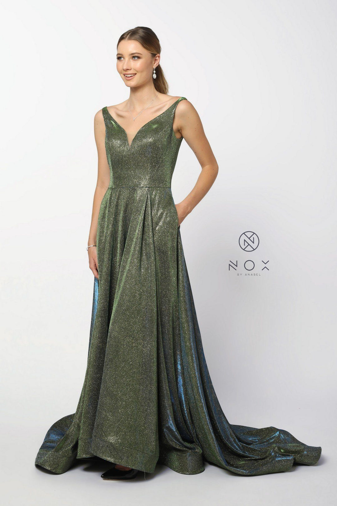 Long Metallic Satin V-Neck Ballgown-Style Dress by Nox Anabel R274-Long Formal Dresses-ABC Fashion