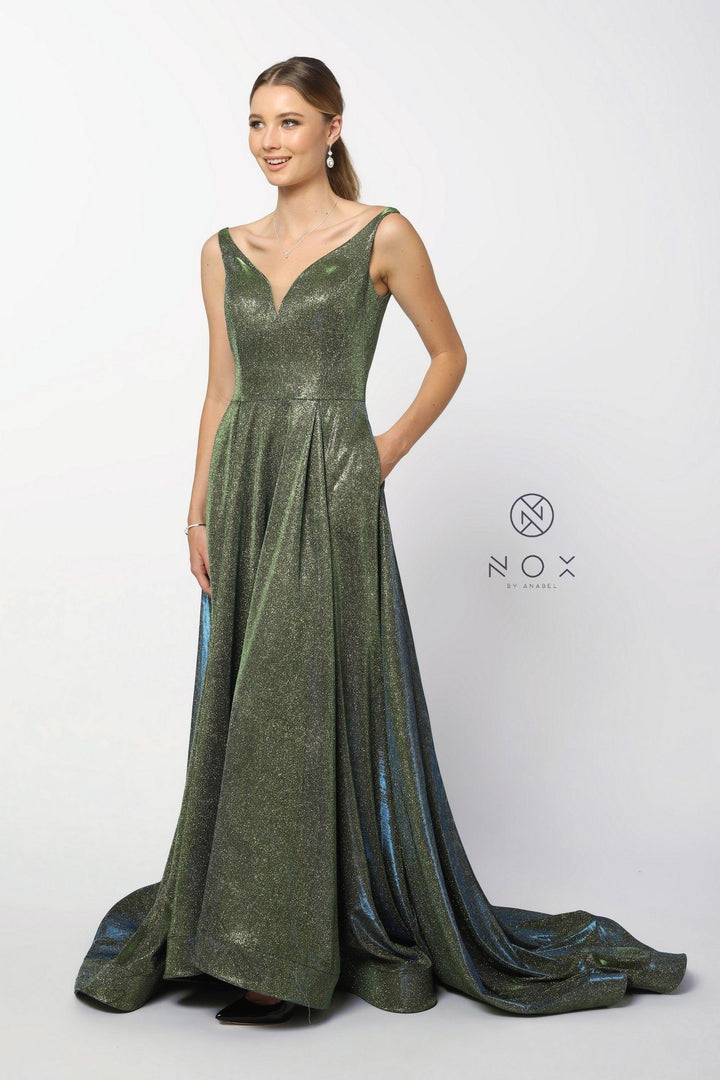 Long Metallic Satin V-Neck Ballgown-Style Dress by Nox Anabel R274-Long Formal Dresses-ABC Fashion
