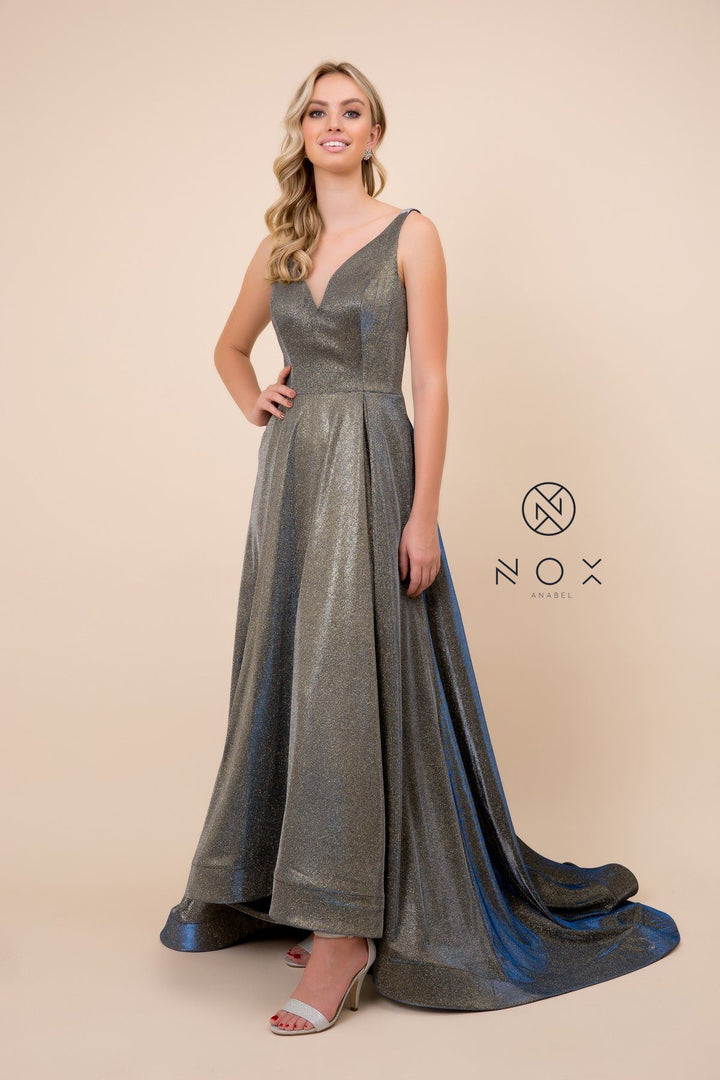 Long Metallic Satin V-Neck Ballgown-Style Dress by Nox Anabel R274