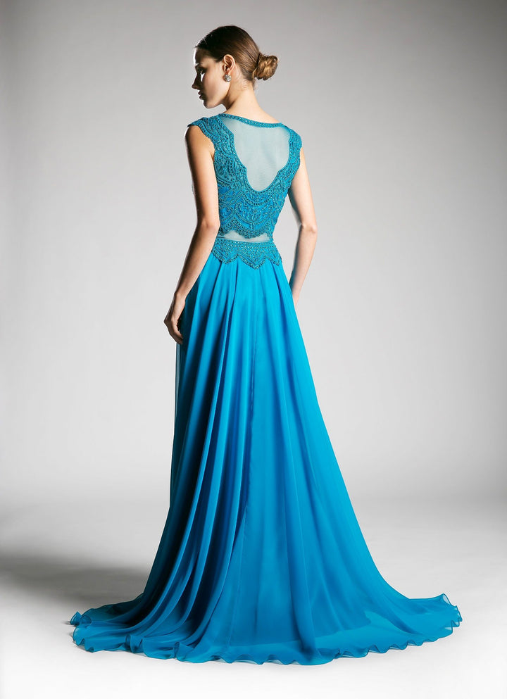 Long Mock Two-Piece Dress with Cap Sleeves by Cinderella Divine CD0113-Long Formal Dresses-ABC Fashion