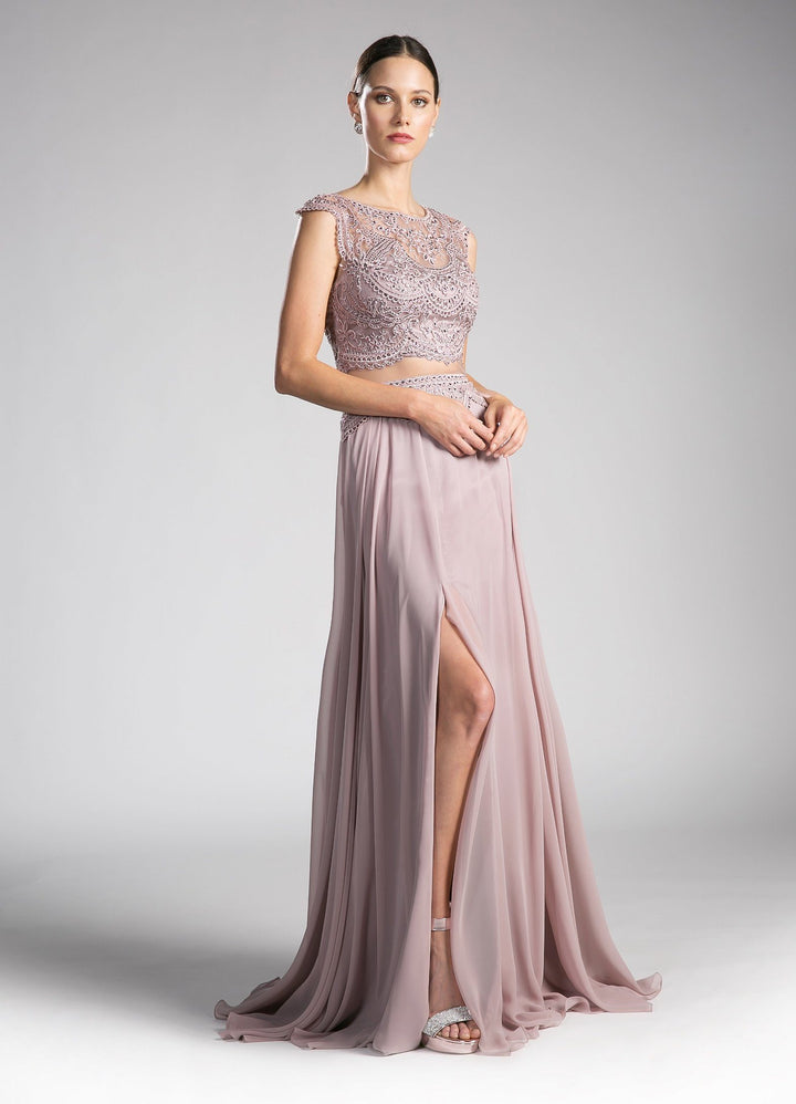 Long Mock Two-Piece Dress with Cap Sleeves by Cinderella Divine CD0113-Long Formal Dresses-ABC Fashion