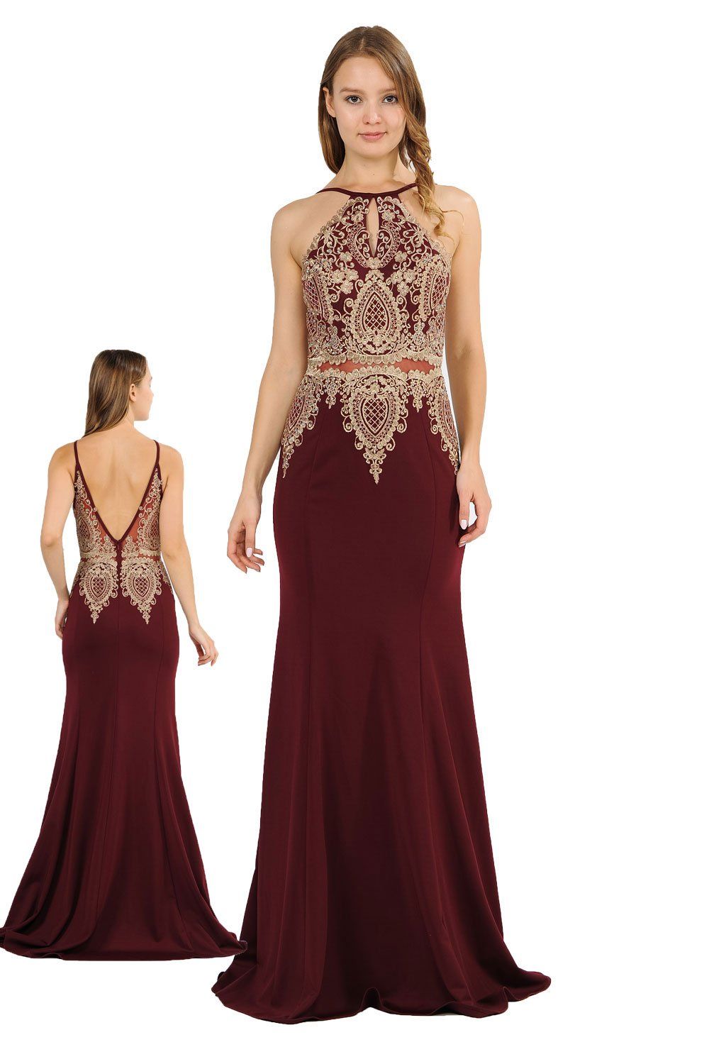 Long Mock Two-Piece Dress with Lace Appliques by Poly USA 8244-Long Formal Dresses-ABC Fashion