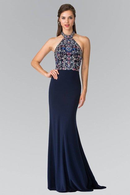 Long Multi-Color Beaded Illusion Halter Dress by Elizabeth K GL2279 ...