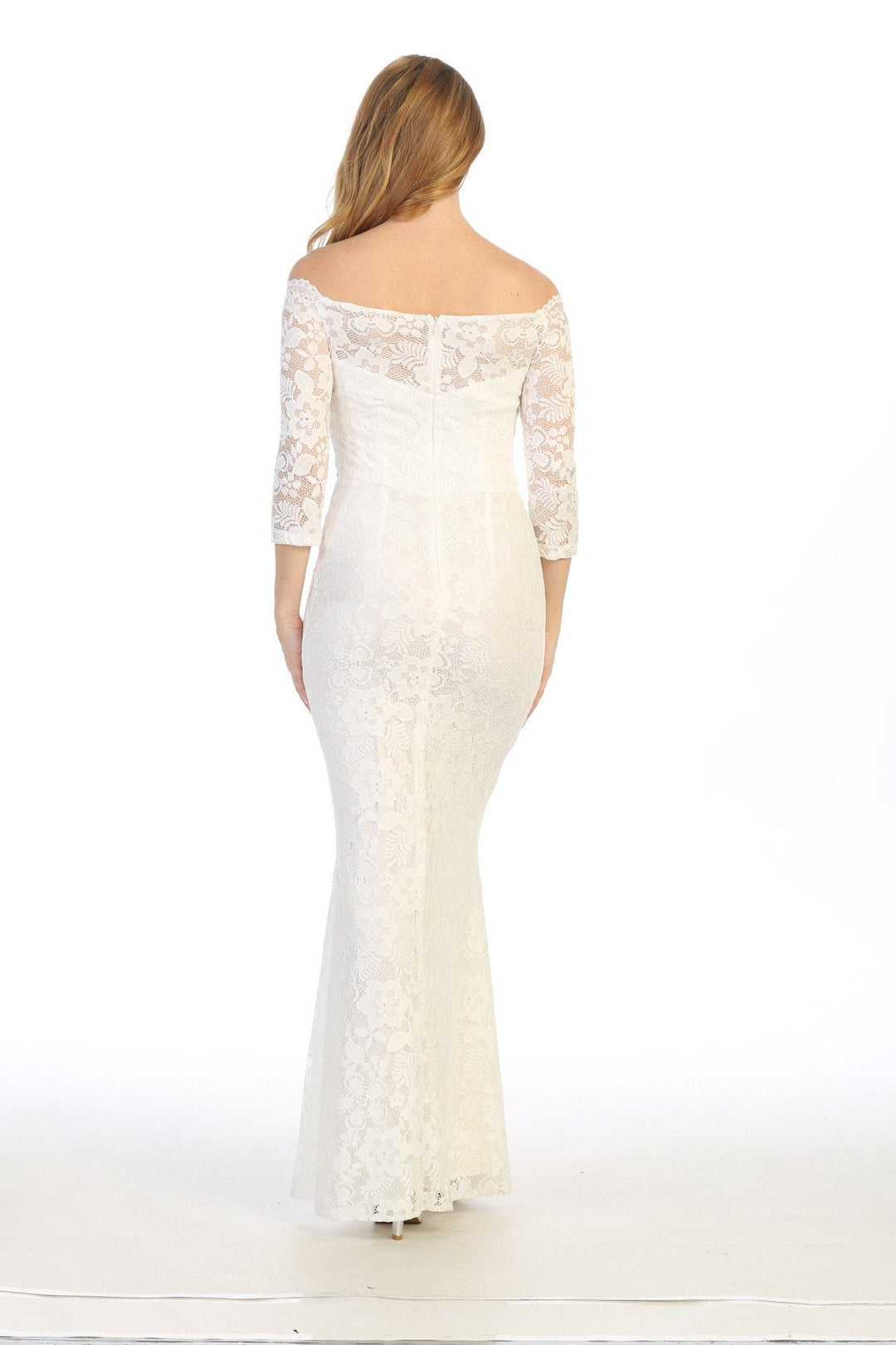 Long Off Shoulder Lace Dress with Beaded Waist by Celavie 6390L