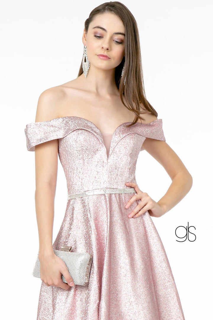 Long Off Shoulder Metallic Glitter Dress by Elizabeth K GL2982