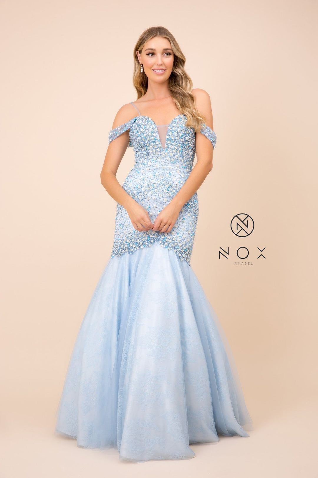 Long Off the Shoulder Dress with Corset Back by Nox Anabel 8328