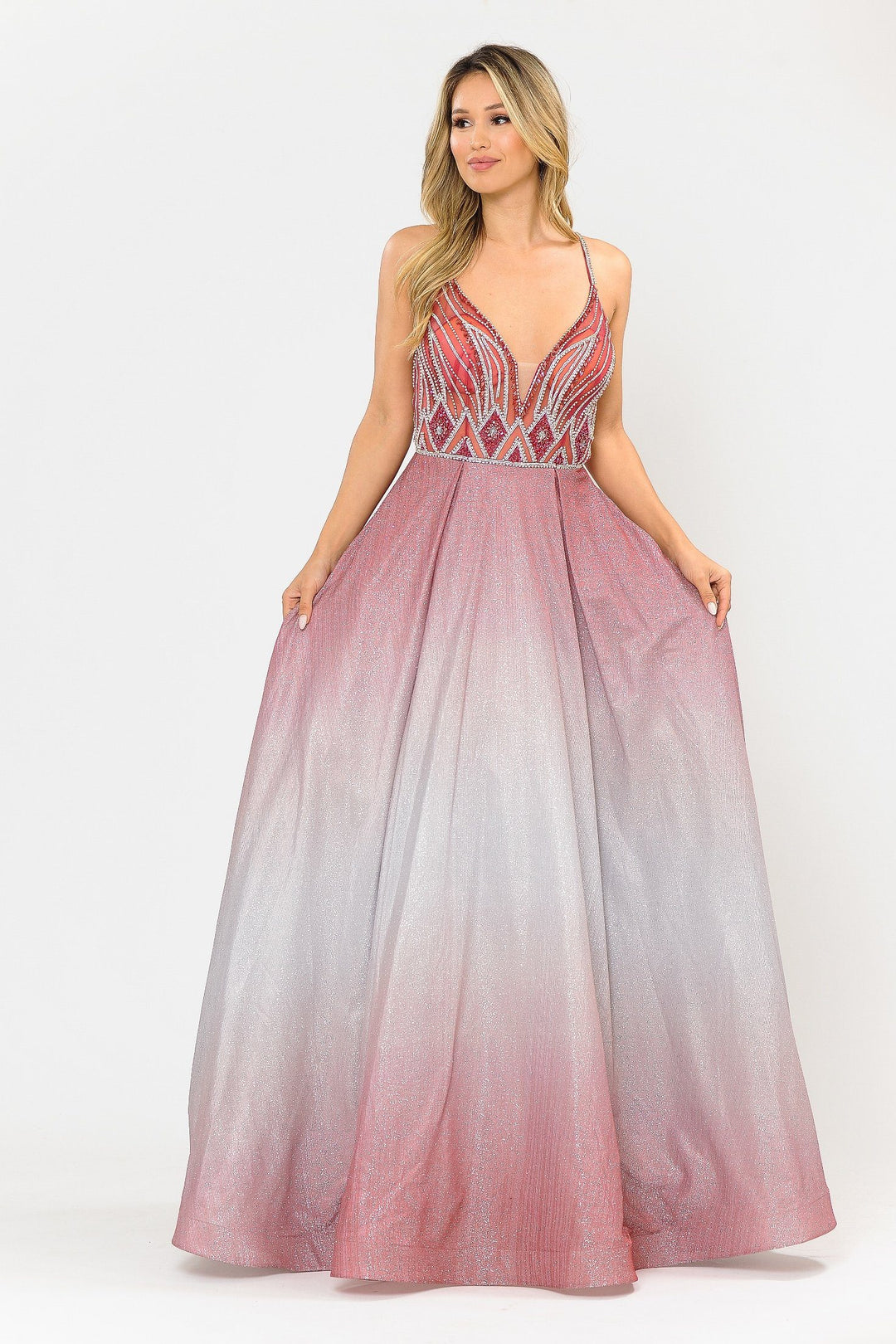 Long Ombre Glitter Dress with Sheer Bodice by Poly USA 8350