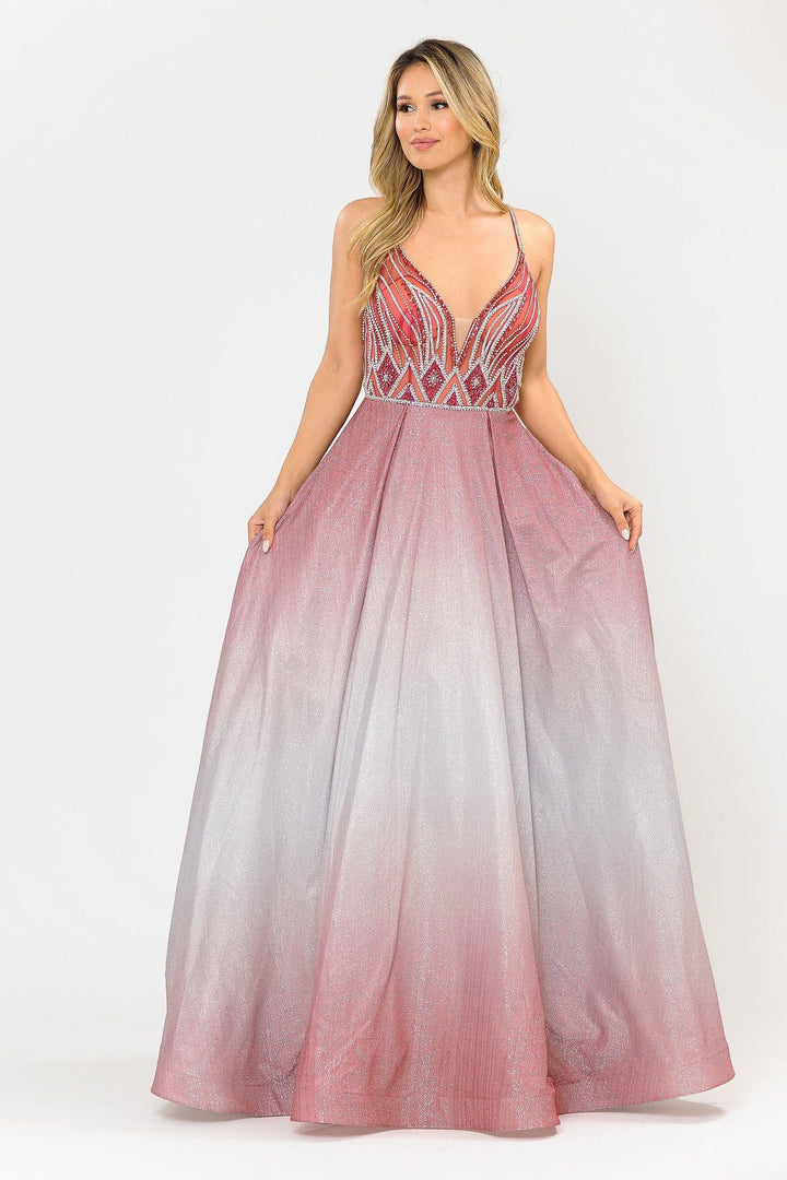 Long Ombre Glitter Dress with Sheer Bodice by Poly USA 8350