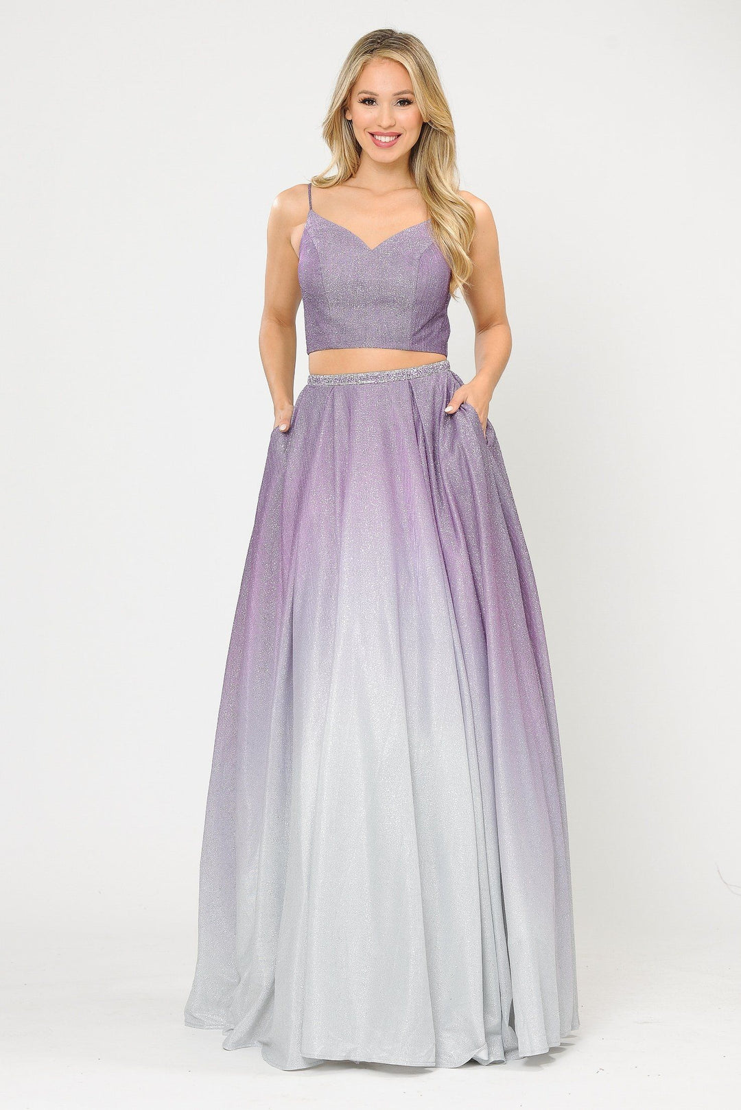 Long Ombre Glitter Two Piece Dress by Poly USA 8706