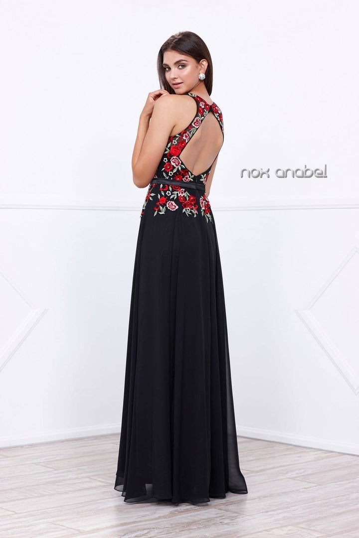 Long Open Back Dress with Embroidered Bodice by Nox Anabel 8275-Long Formal Dresses-ABC Fashion