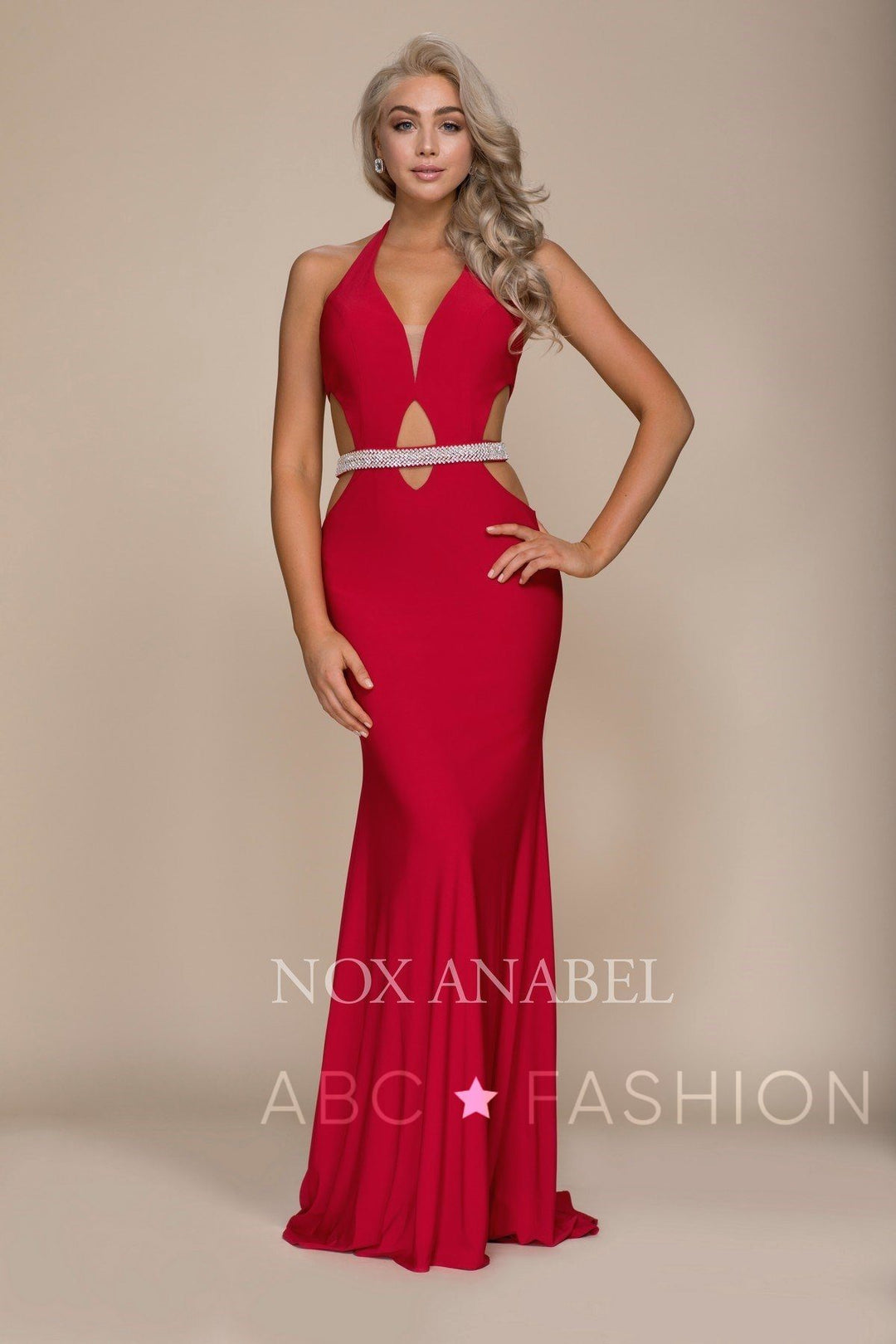 Long Open Back Halter Dress with Beaded Waistline by Nox Anabel A046-Long Formal Dresses-ABC Fashion