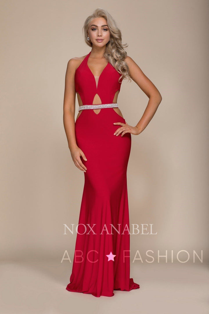 Long Open Back Halter Dress with Beaded Waistline by Nox Anabel A046-Long Formal Dresses-ABC Fashion