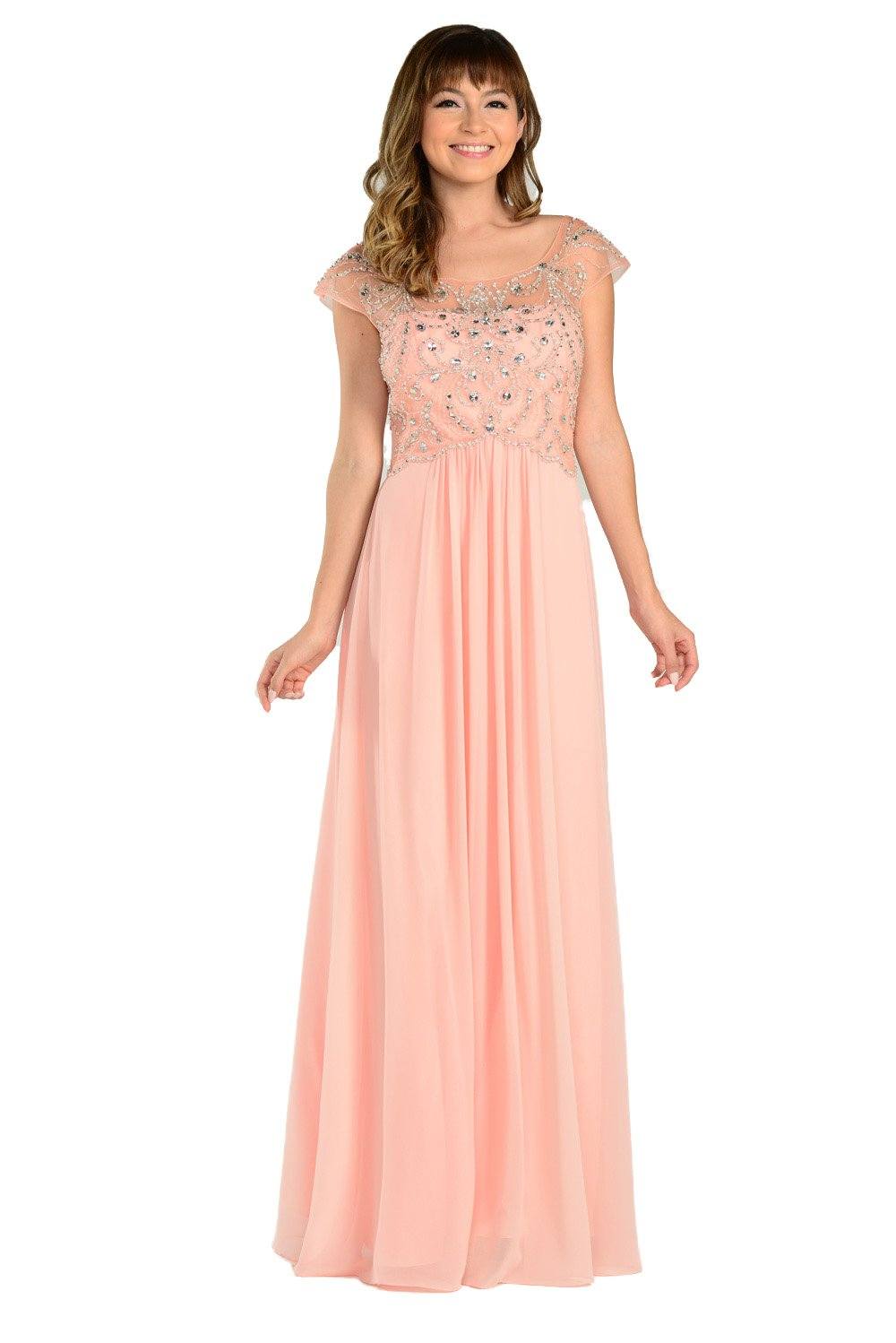 Long Peach Cap Sleeve Dress with Jeweled Bodice by Poly USA ABC Fashion Long Peach Cap Sleeve Dress with Jeweled Bodice by Poly USA ABC Fashion