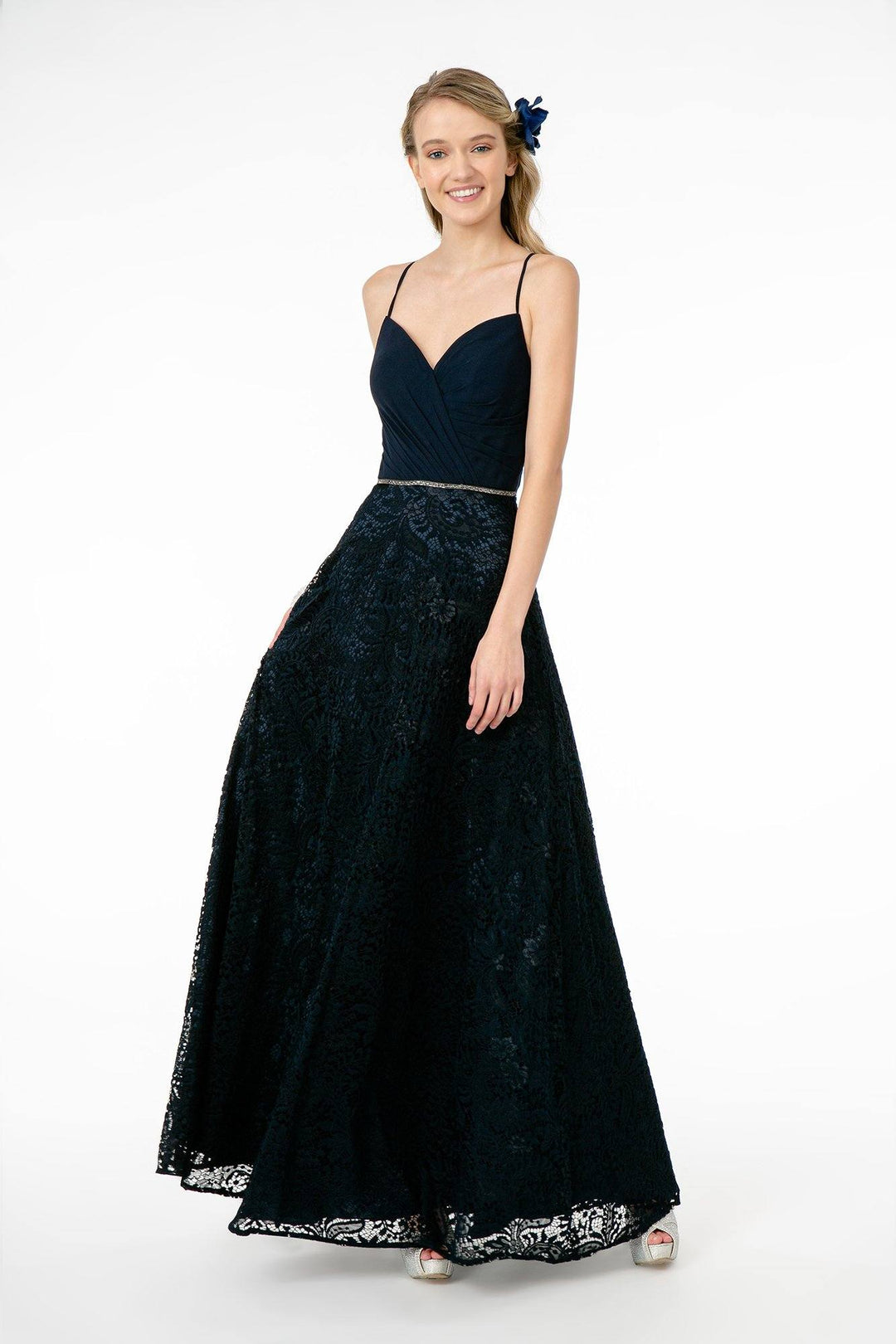 Long Pleated Sweetheart Dress with Lace Skirt by Elizabeth K GL2667