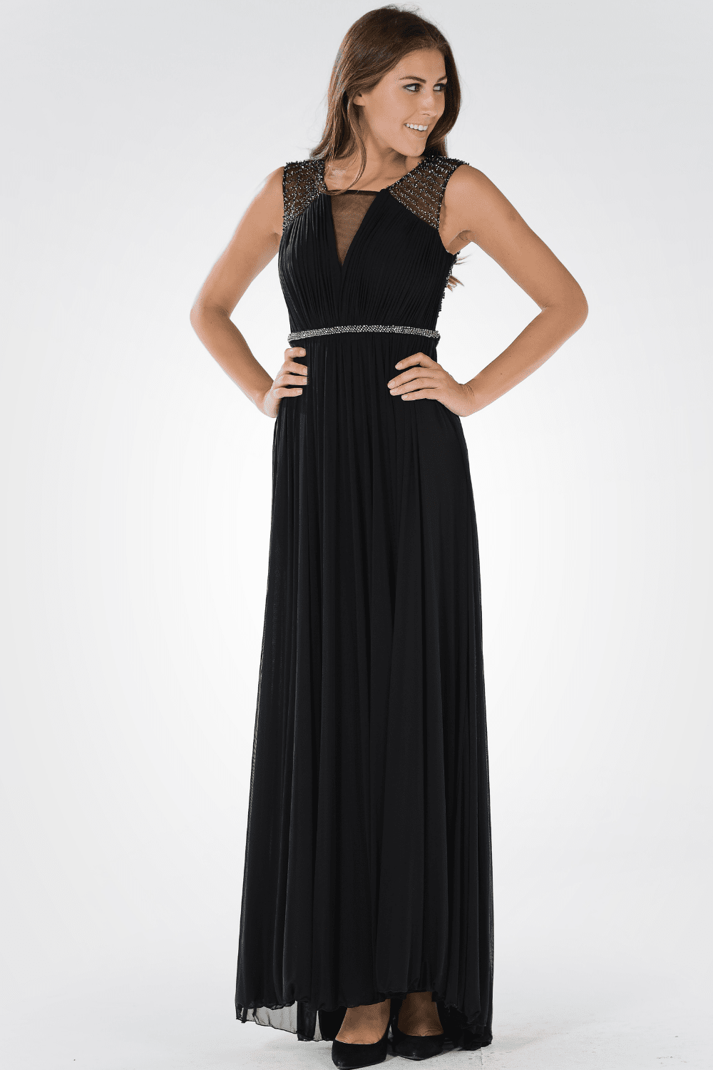 Long Ruched Dress with Sheer Back by Poly USA 7514 XS / Black Long Ruched Dress with Sheer Back by Poly USA 7514 XS / Black