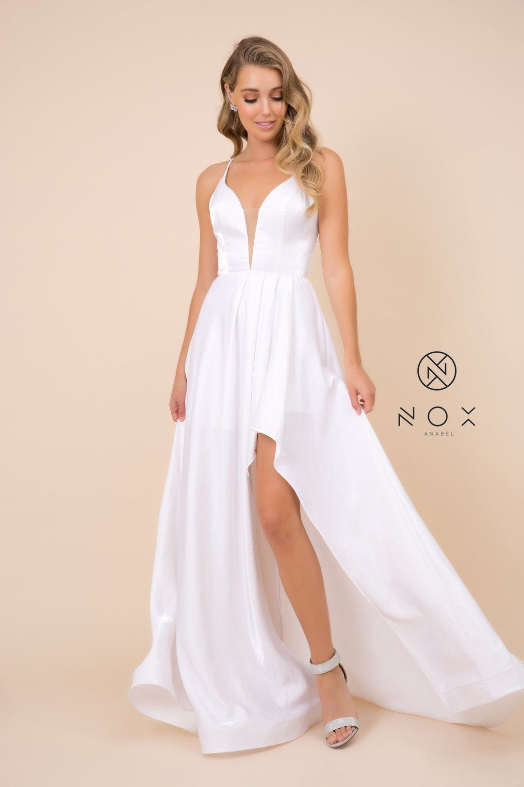 Long Satin V-Neck Dress with Corset Back by Nox Anabel M333