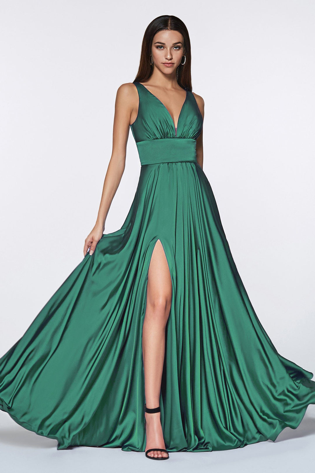 Long Satin V-Neck Dress with Leg Slit by Cinderella Divine 7469-Long Formal Dresses-ABC Fashion