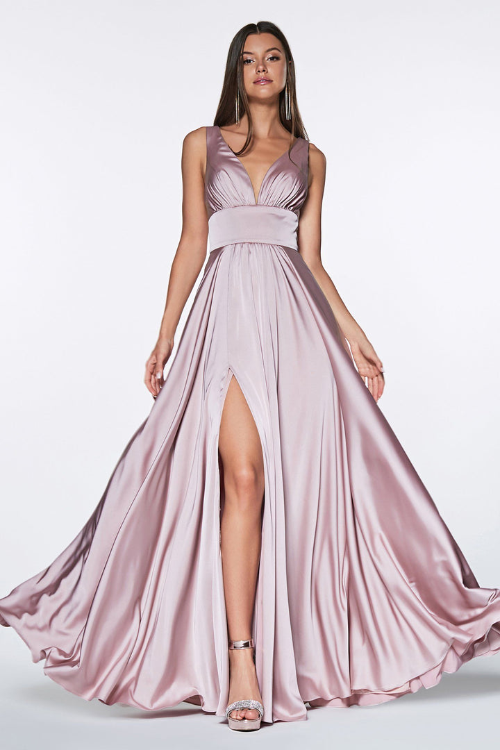 Long Satin V-Neck Dress with Leg Slit by Cinderella Divine 7469-Long Formal Dresses-ABC Fashion