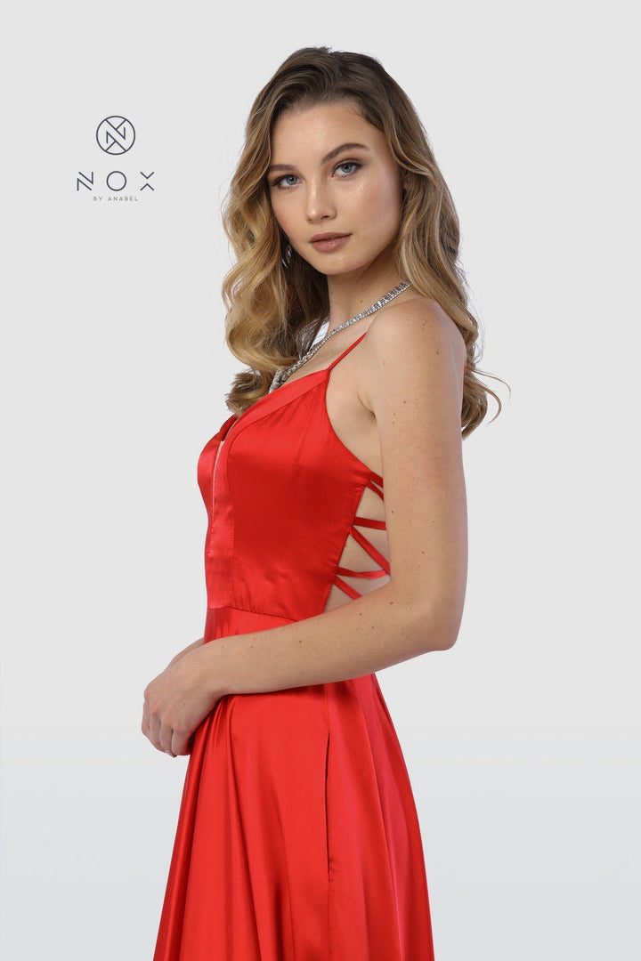 Long Satin V-Neck Dress with Open Caged Back by Nox Anabel A180-Long Formal Dresses-ABC Fashion