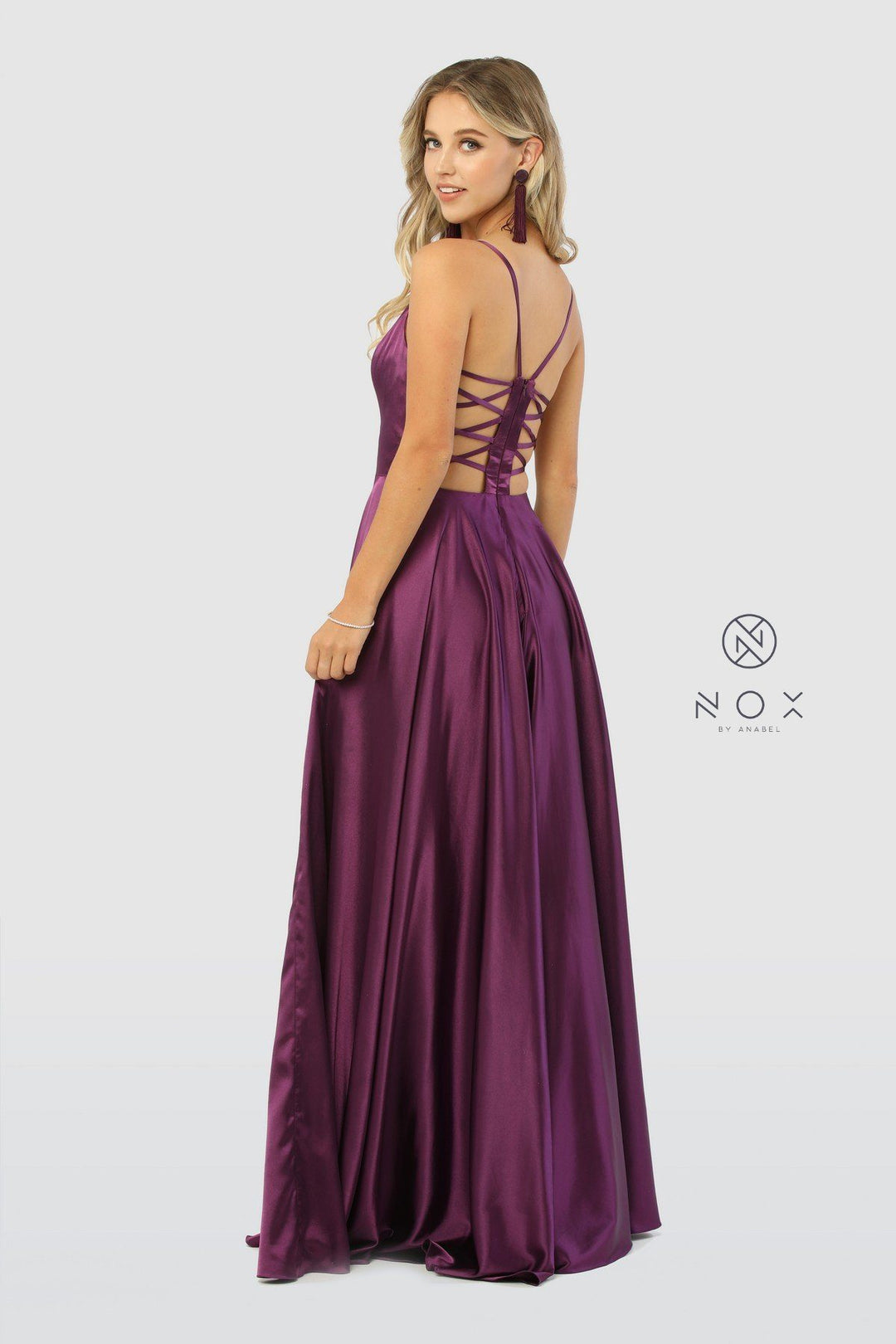 Long Satin V-Neck Dress with Open Caged Back by Nox Anabel A180-Long Formal Dresses-ABC Fashion