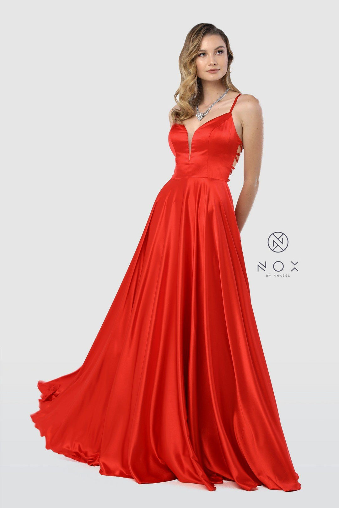 Long Satin V-Neck Dress with Open Caged Back by Nox Anabel A180-Long Formal Dresses-ABC Fashion