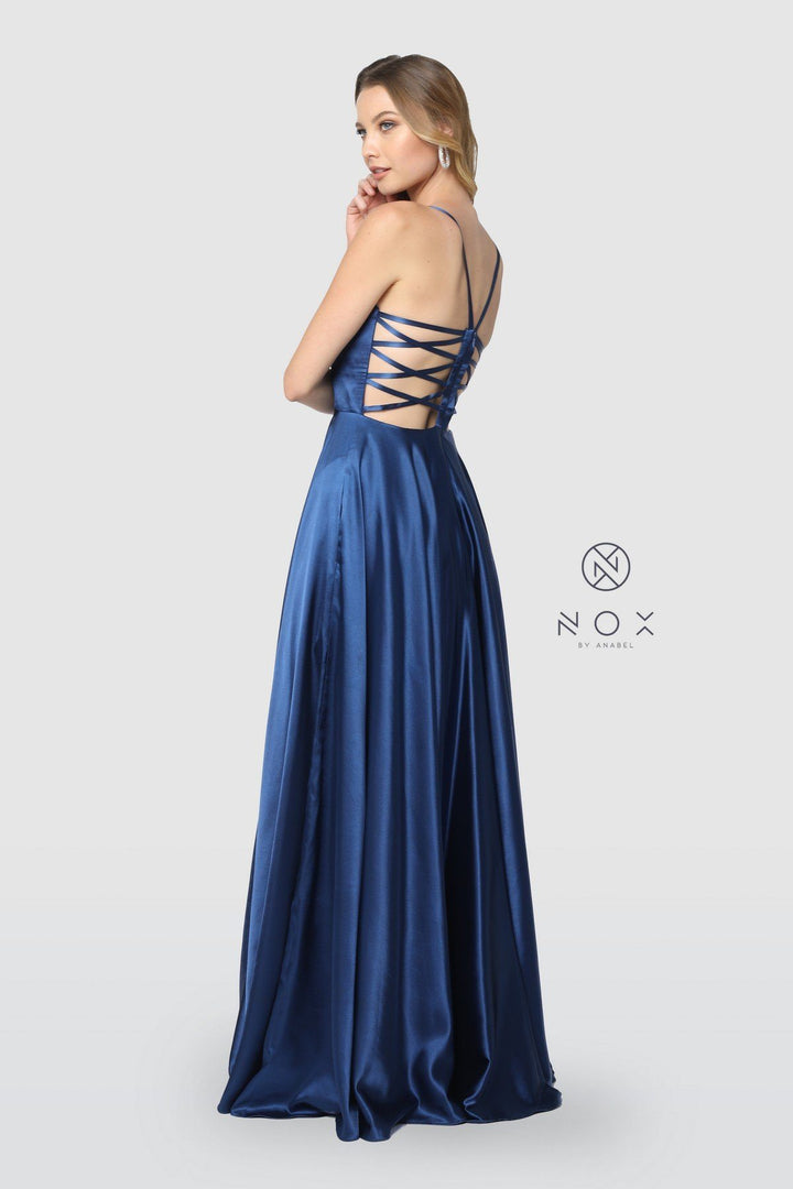 Long Satin V-Neck Dress with Open Caged Back by Nox Anabel A180-Long Formal Dresses-ABC Fashion