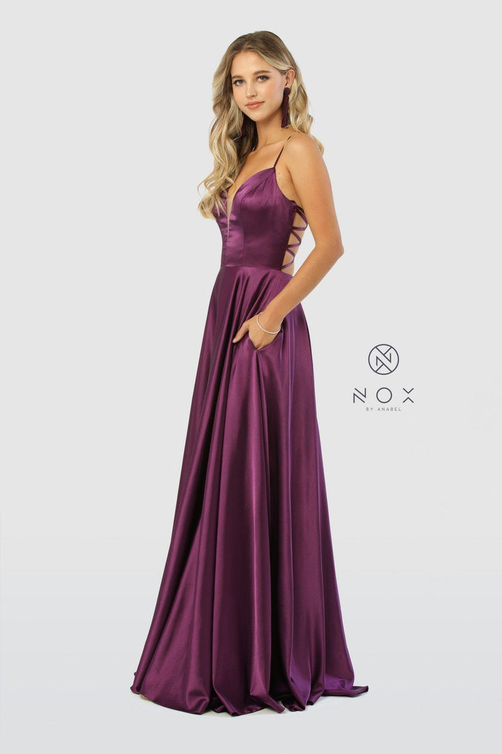 Long Satin V-Neck Dress with Open Caged Back by Nox Anabel A180-Long Formal Dresses-ABC Fashion