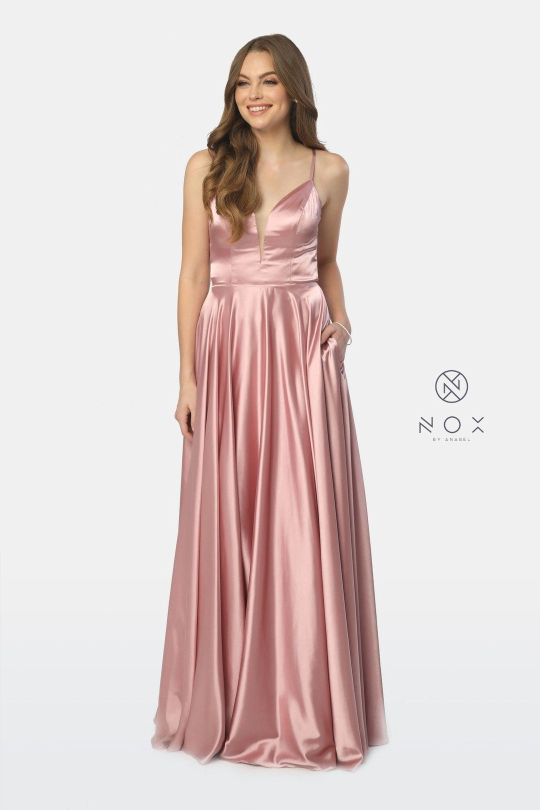 Long Satin V-Neck Dress with Open Caged Back by Nox Anabel A180-Long Formal Dresses-ABC Fashion