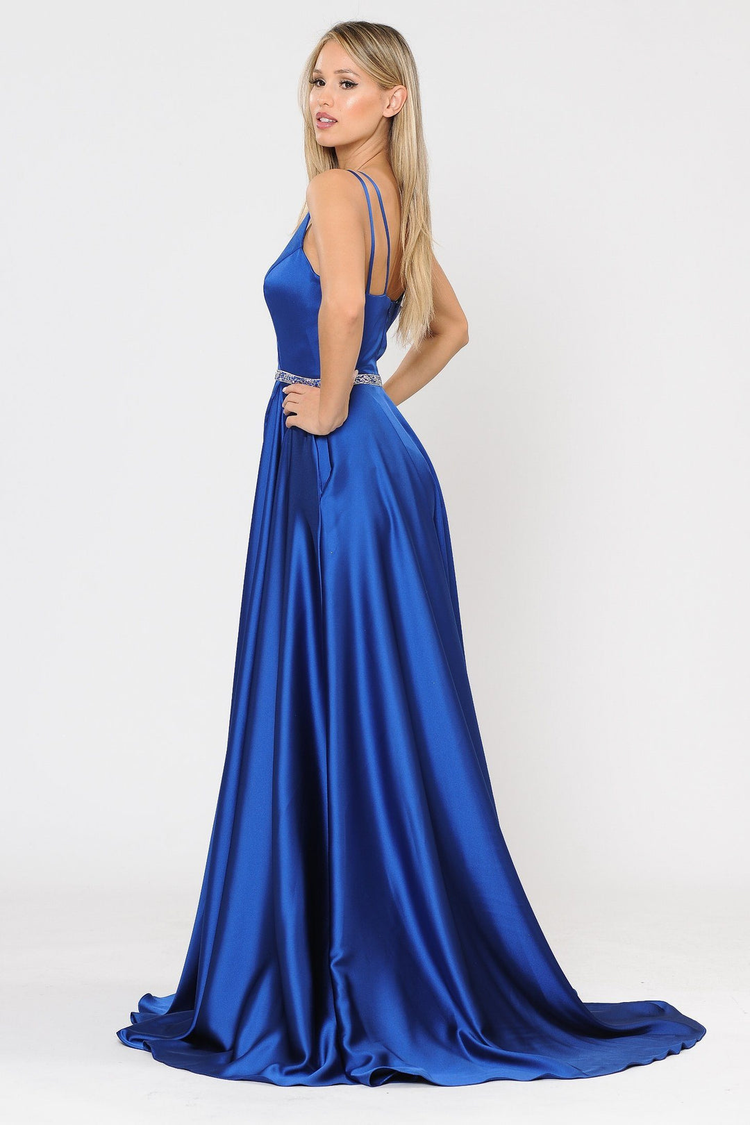 Long Satin V-Neck Dress with Short Skirt by Poly USA 8604