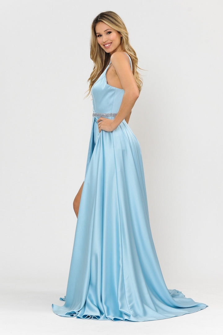 Long Satin V-Neck Dress with Short Skirt by Poly USA 8604