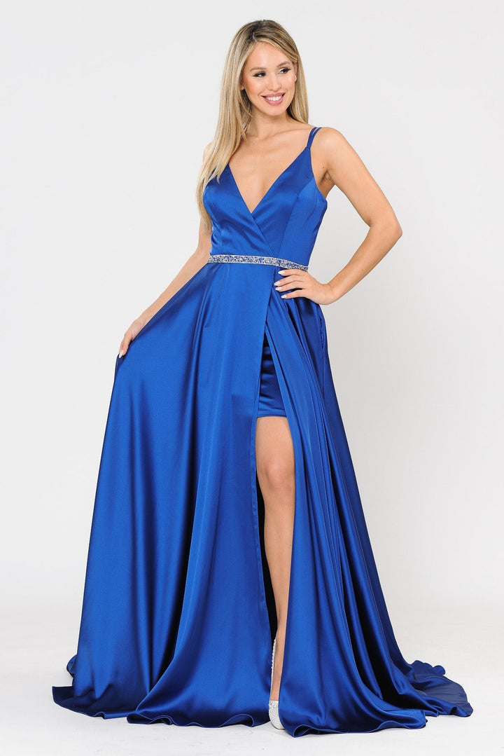 Long Satin V-Neck Dress with Short Skirt by Poly USA 8604