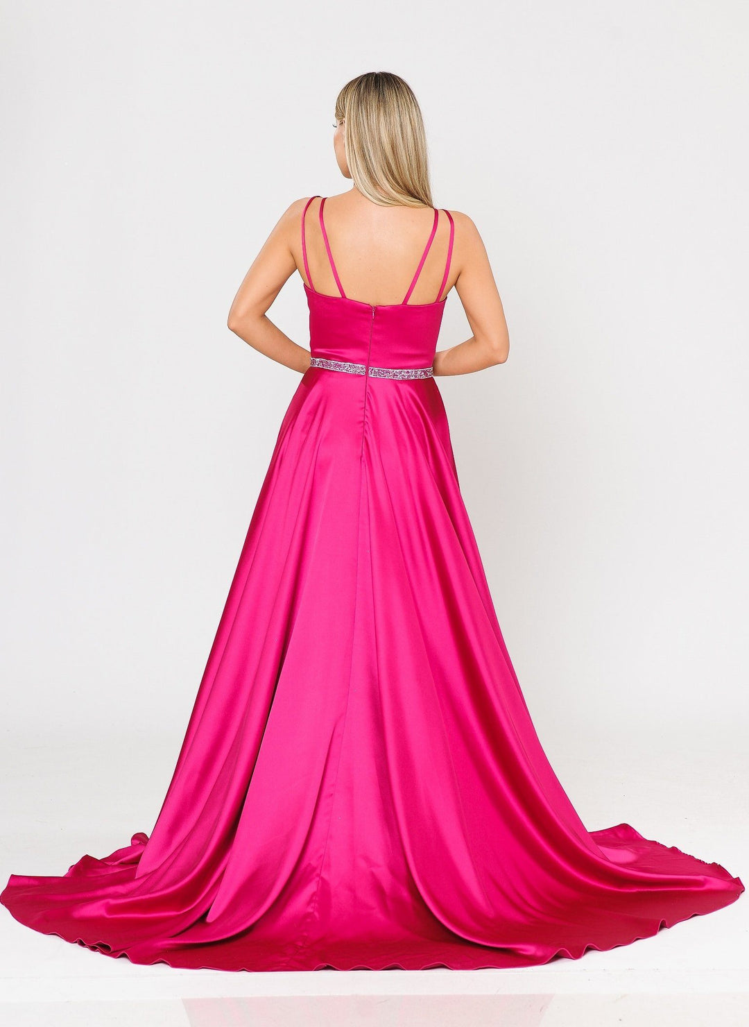 Long Satin V-Neck Dress with Short Skirt by Poly USA 8604