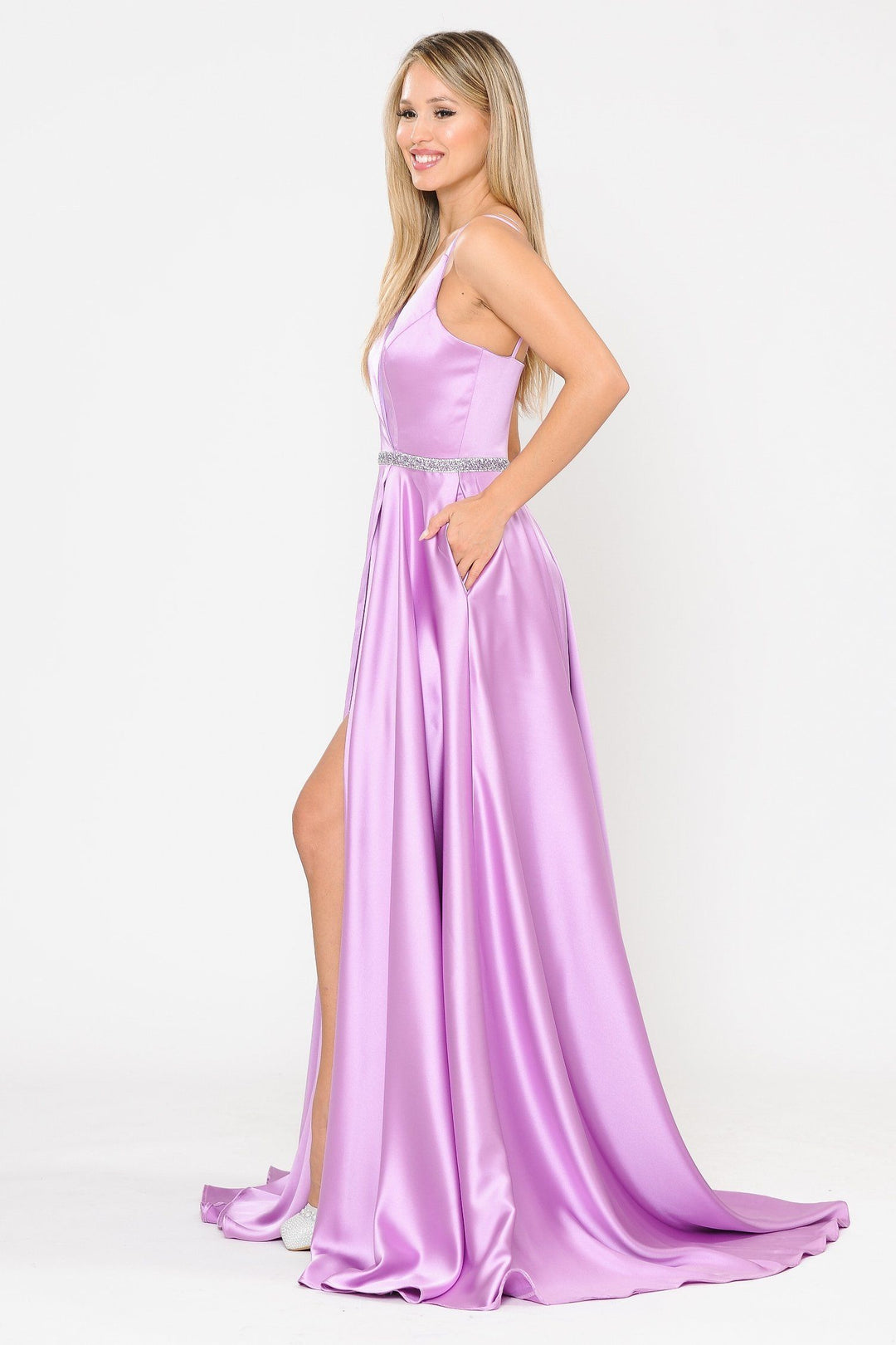 Long Satin V-Neck Dress with Short Skirt by Poly USA 8604