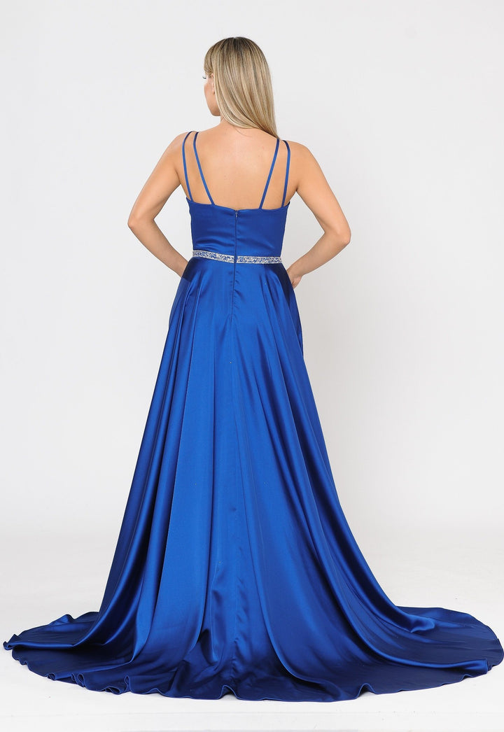 Long Satin V-Neck Dress with Short Skirt by Poly USA 8604