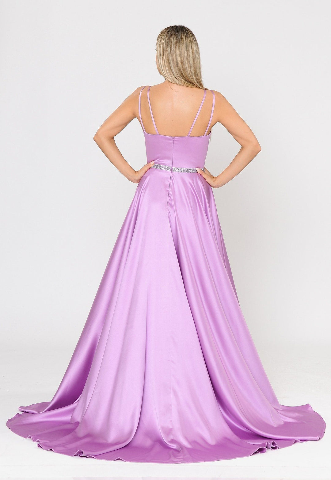 Long Satin V-Neck Dress with Short Skirt by Poly USA 8604