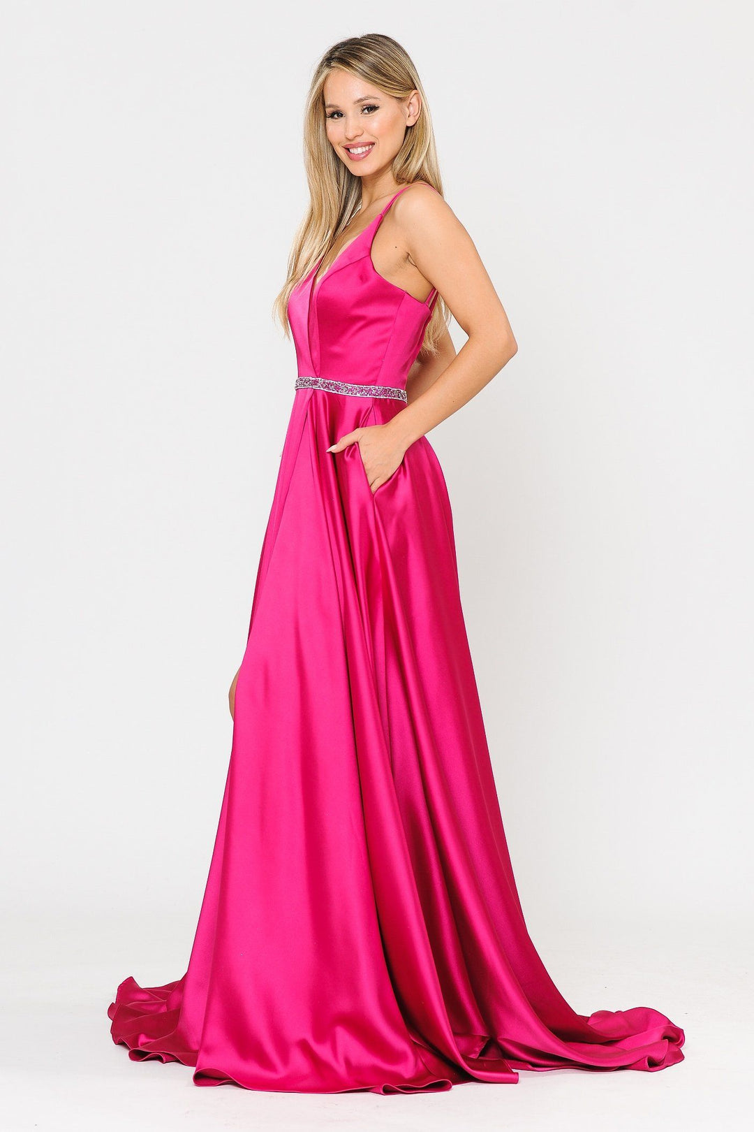 Long Satin V-Neck Dress with Short Skirt by Poly USA 8604