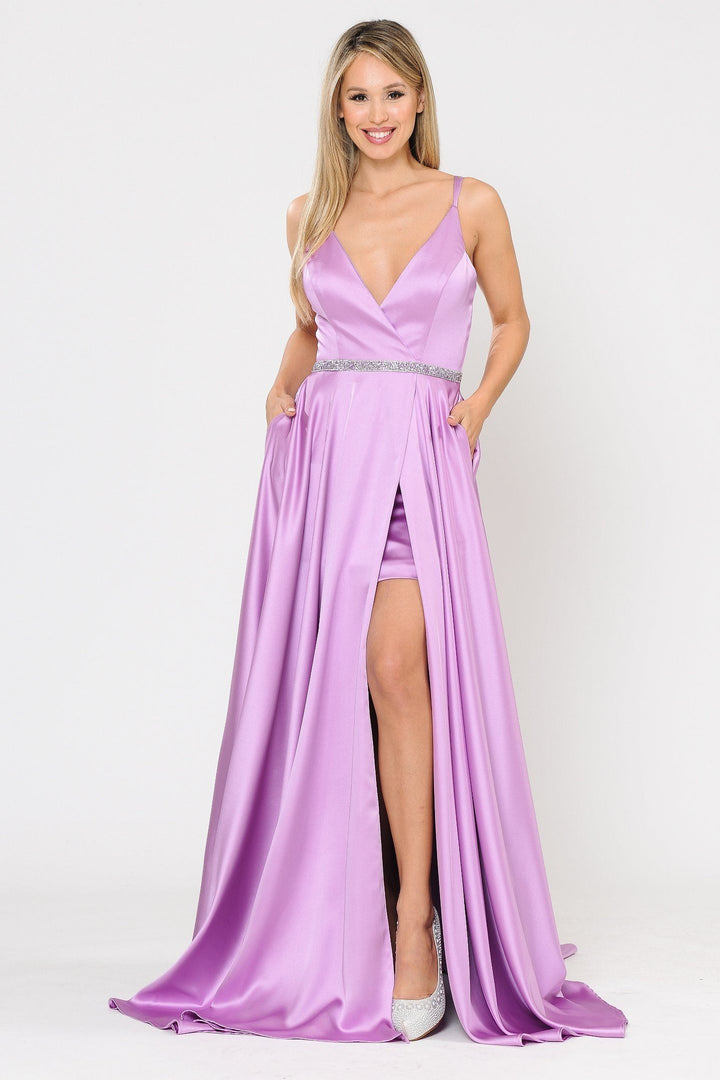 Long Satin V-Neck Dress with Short Skirt by Poly USA 8604