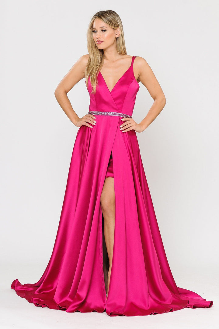 Long Satin V-Neck Dress with Short Skirt by Poly USA 8604
