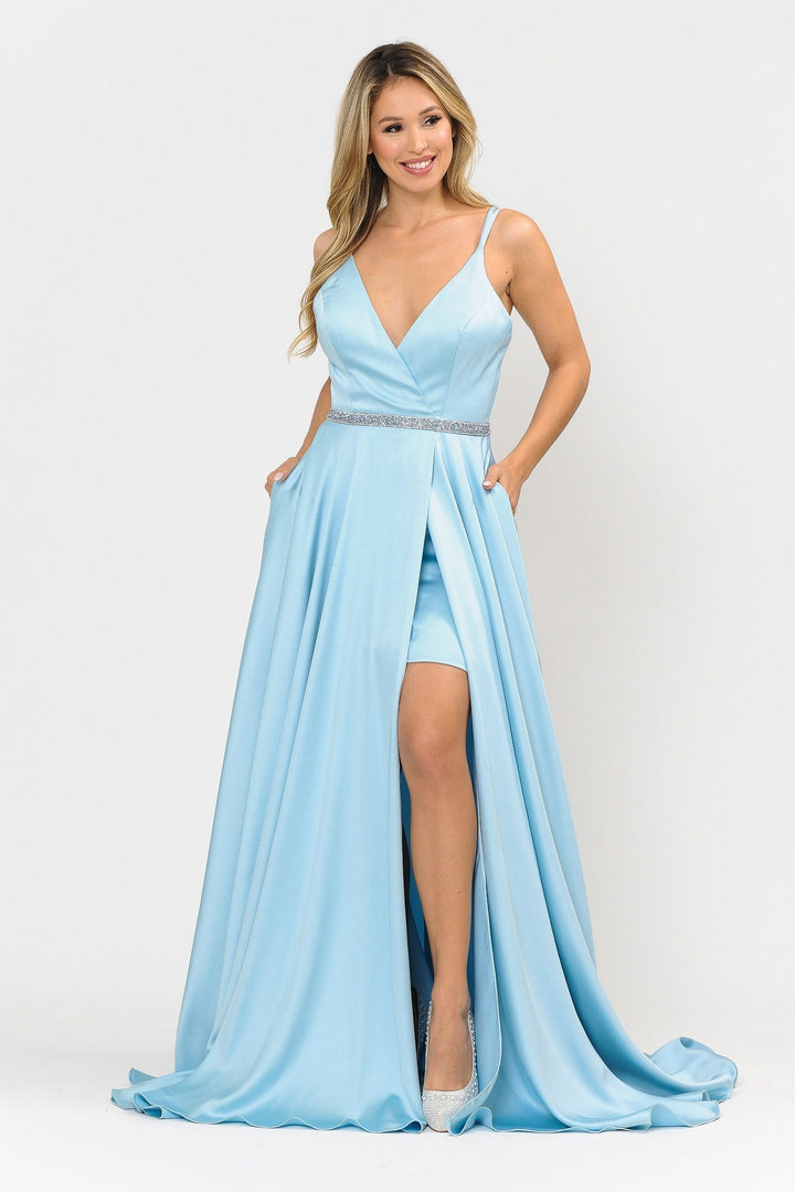 Long Satin V-Neck Dress with Short Skirt by Poly USA 8604