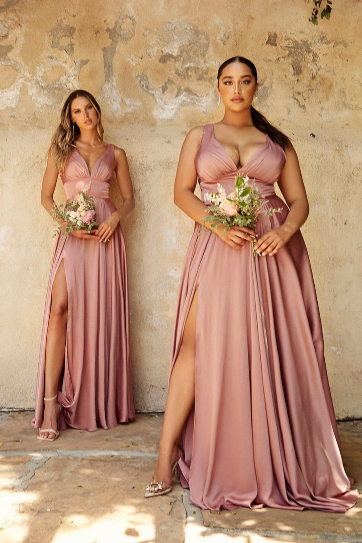 Long Satin V-Neck Dress with Slit by Cinderella Divine 7469