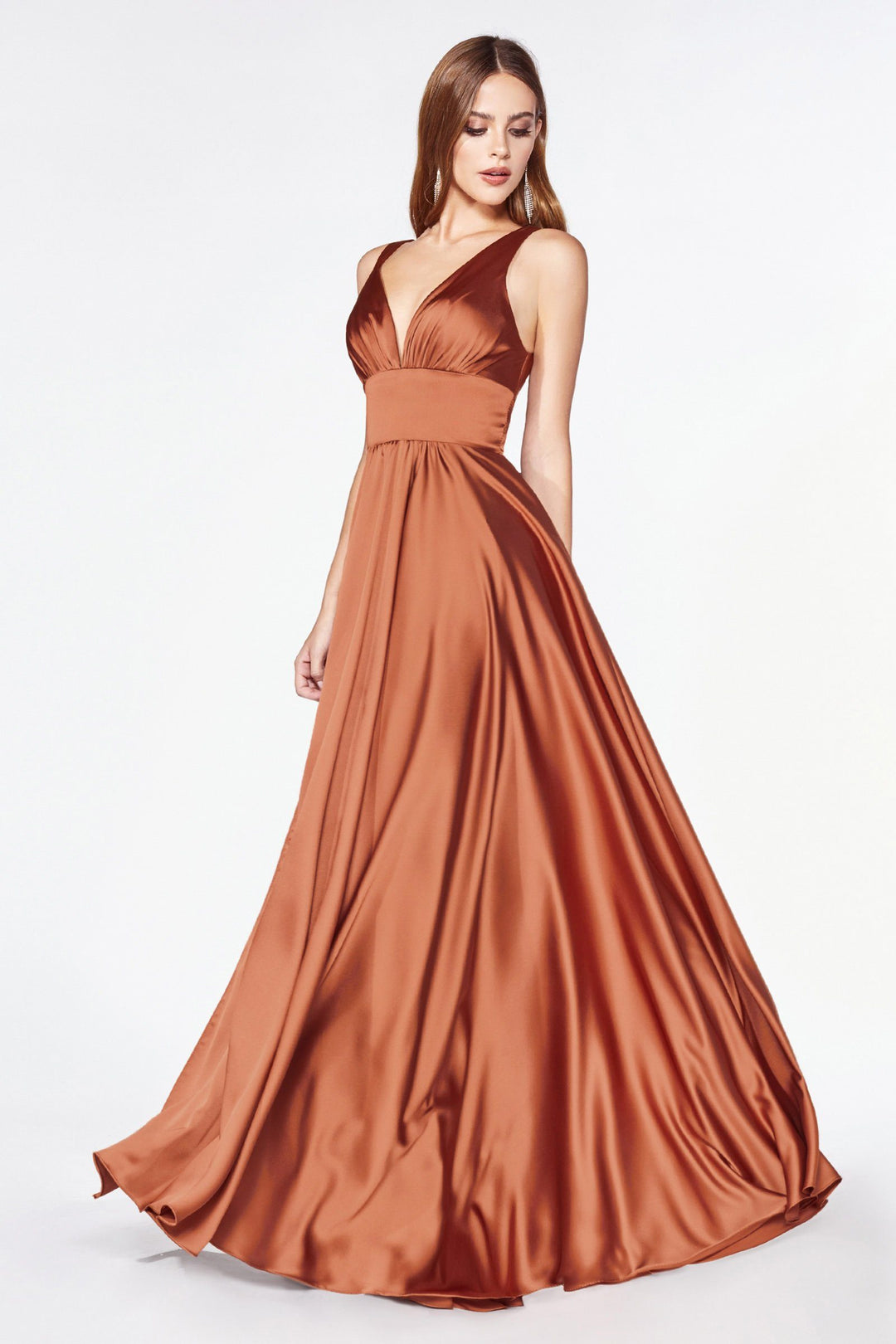 Long Satin V-Neck Dress with Slit by Cinderella Divine 7469