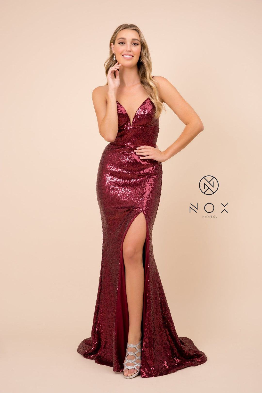 Long Sequin Dress with Corset Open Back by Nox Anabel R350
