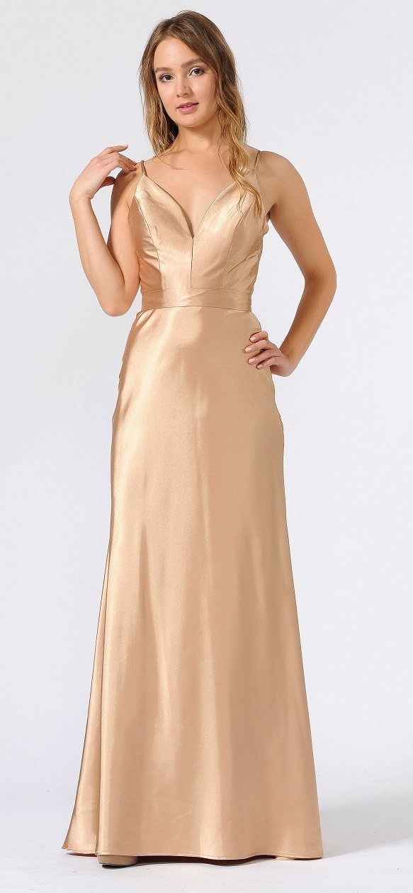Long Shiny Charmeuse Dress with V-Neckline by Poly USA 9028 Long Shiny Charmeuse Dress with V-Neckline by Poly USA 9028